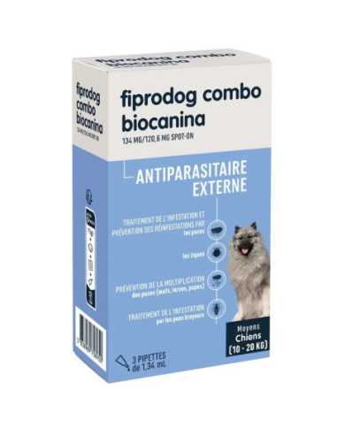 Biocanina Antiparasitaire externe Solution pour Spot-On Chiens Moyens de 10 kg a 20kg Fiprodog Combo - 3 pipettes