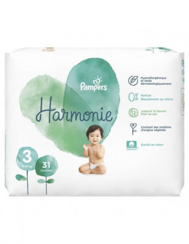 Pampers Harmonie Couches Bébé Taille 3 : 6-10 kg - 31 couches 