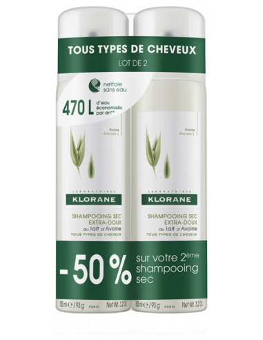 Klorane Shampoing Sec Extra-Doux au Lait d'Avoine Spray tous types de cheveux - Lot de 2x150ml