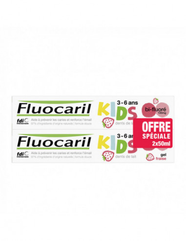 Fluocaril Dentifrice Kids Gel Fraise 3-6 ans - lot de 2x50ml 