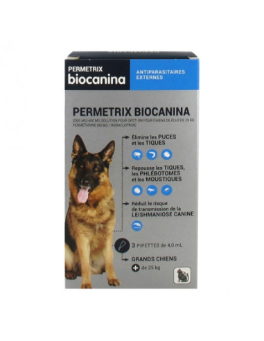 Biocanina permetrix grand chien + de 25kg pipettes 2000mg/400mg - 3 unités 